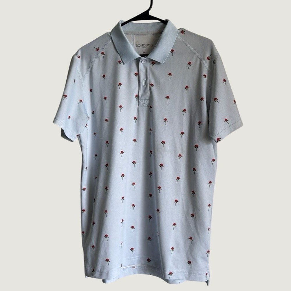 Bonobos Golf Polo Shirt Medium Rose Floral Print Poly Spandex Slim Fit Blue